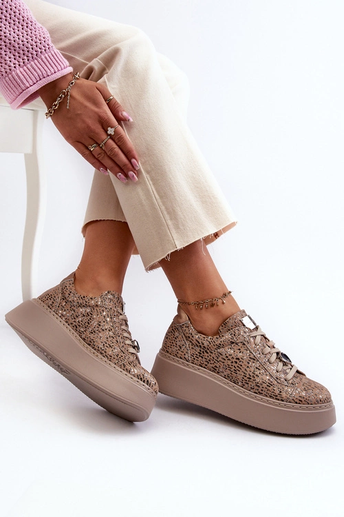 Skórzane Buty Sportowe Na Platformie Maciejka 06191-10 Beżowe