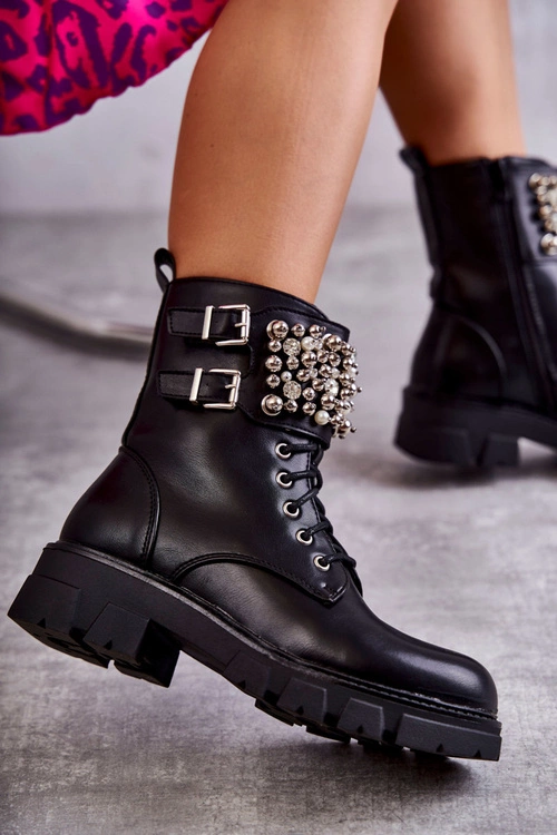 Damskie Botki Z Ozdobami Wiązane Czarne Leonese