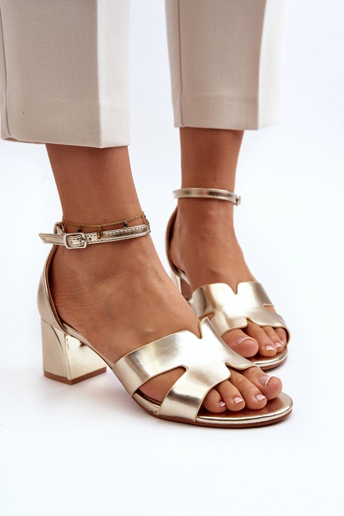 Sandały Damskie Na Obcasie Klocku Złote Irivana