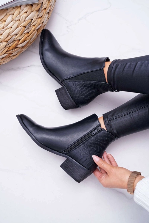 Botki Damskie Płaski Obcas W Szpic Suwak Czarne Derme