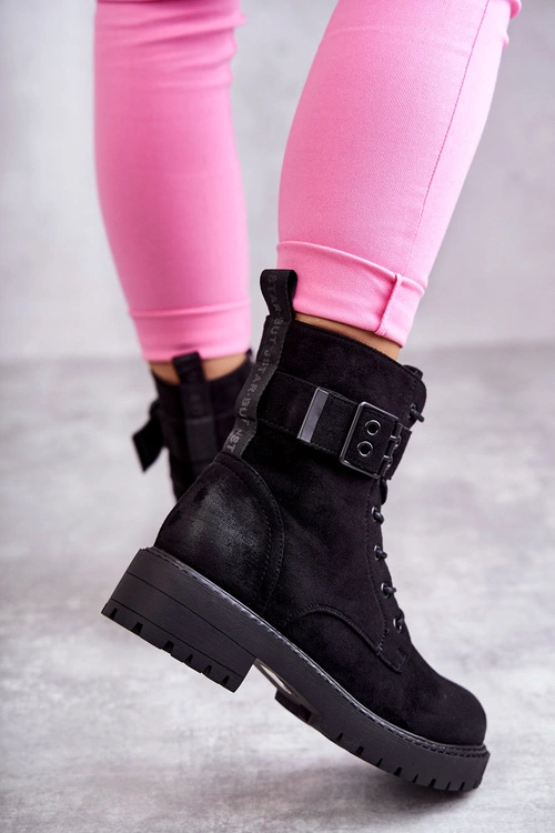 Damskie Botki Zamszowe Sznurowane Na Płaskim Obcasie Czarne Firmina