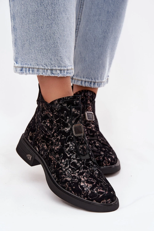 Botki Z Naturalnego Zamszu Na Niskim Obcasie D&A CR52-713 Czarno-Brązowe