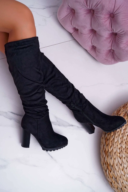 Kozaki Damskie Na Słupku Zamszowe Czarne Marion