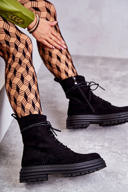 Damskie Zamszowe Botki Wiązane Czarne Afra