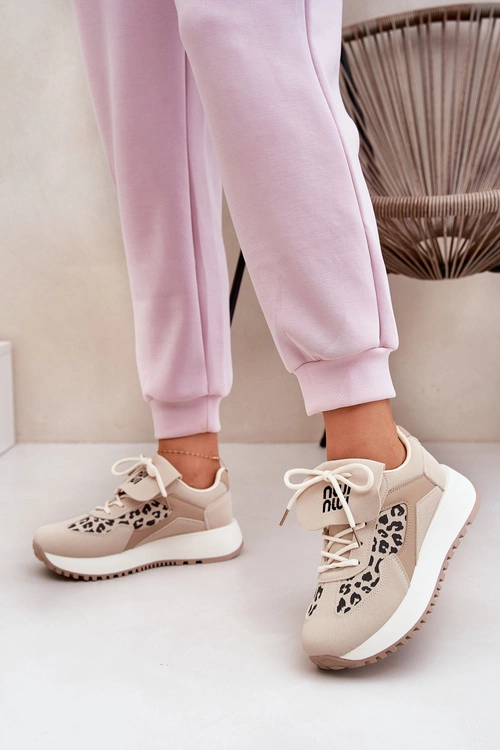 Buty Sportowe Sneakersy Damskie Na Platformie Panterka Beżowe Pumbes 