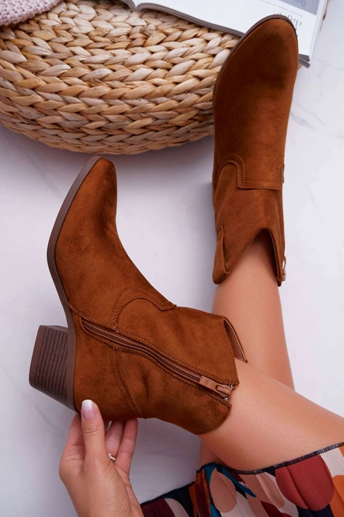 Botki Damskie Płaski Obcas Kowbojki Camel Telifa