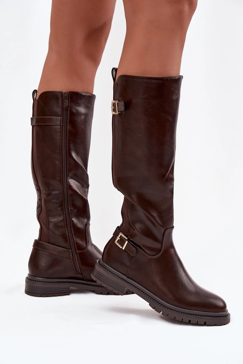 Ocieplane Kozaki Damskie Na Płaskim Obcasie Z Klamrami Czekoladowe Sarelle