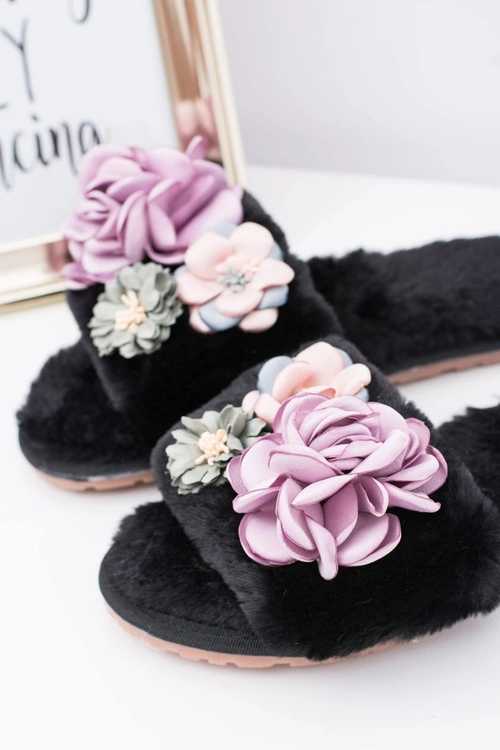 Czarne Klapki Damskie Z Kwiatkami Lu Boo Bouquet