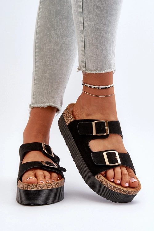 Damskie Klapki Na Platformie Z Klamrami Czarne Lolpey