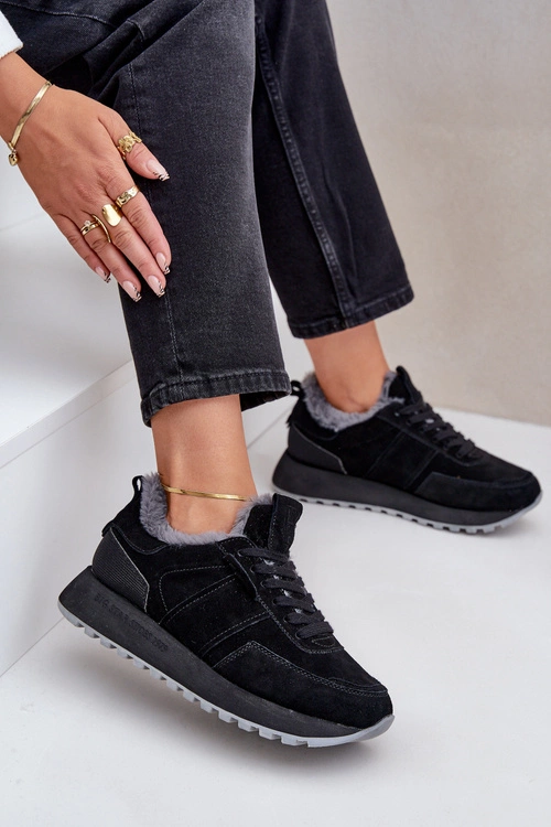 Zamszowe Sneakersy Damskie Z Futerkiem I Błyszczącym Elementem Big Star OO274580 Hi-Poly System Czarne