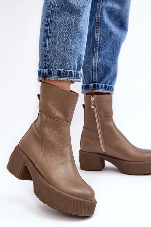 Skórzane Botki Na Niskim Obcasie Ciemnobeżowe Lemar Volavola