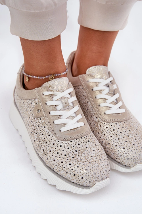 Zamszowe Ażurowe Sneakersy Na Platformie LR51-927 Złote