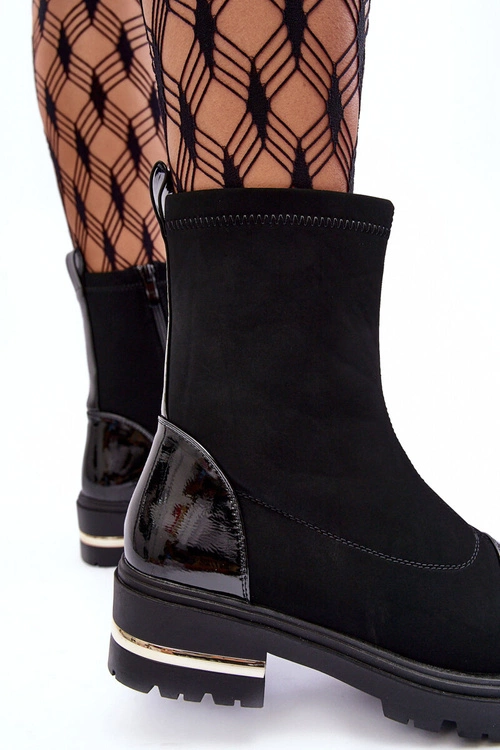 Skórzane Klasyczne Botki Na Płaskim Obcasie Czarne Shendete