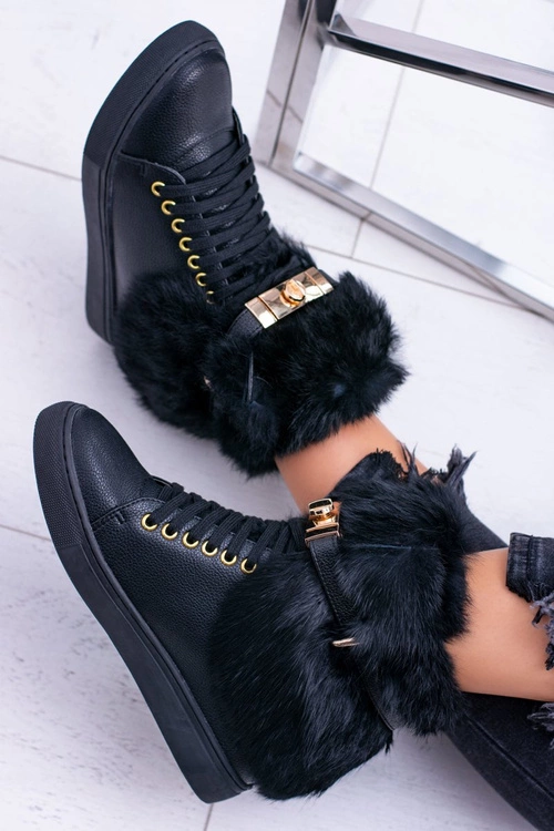 Lu Boo Czarne Botki z Naturalnym Futrem Gisele