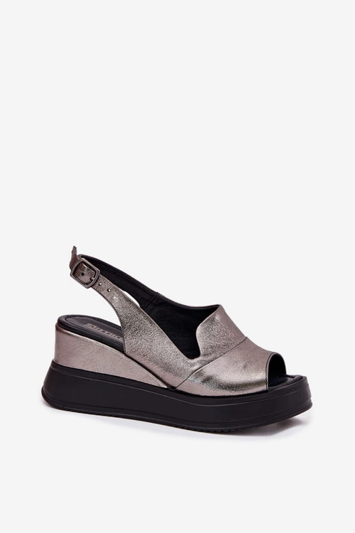 Skórzane Damskie Sandały Na Koturnie Artiker 54C0402 Grafitowe