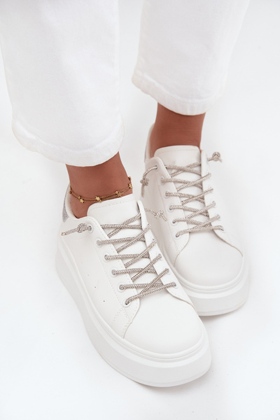Sneakersy Damskie Na Platformie Z Ozdobnym Sznurowaniem I Brokatem Białe Belmira