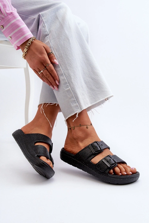 Klapki Damskie Z Brokatem Czarne Brianella