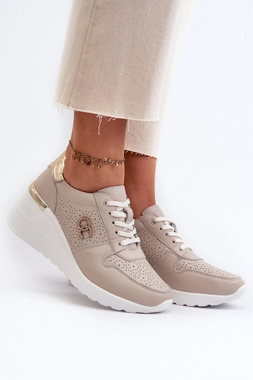 Damskie Skórzane Sneakersy Na Koturnie Beżowe S.Barski LR810