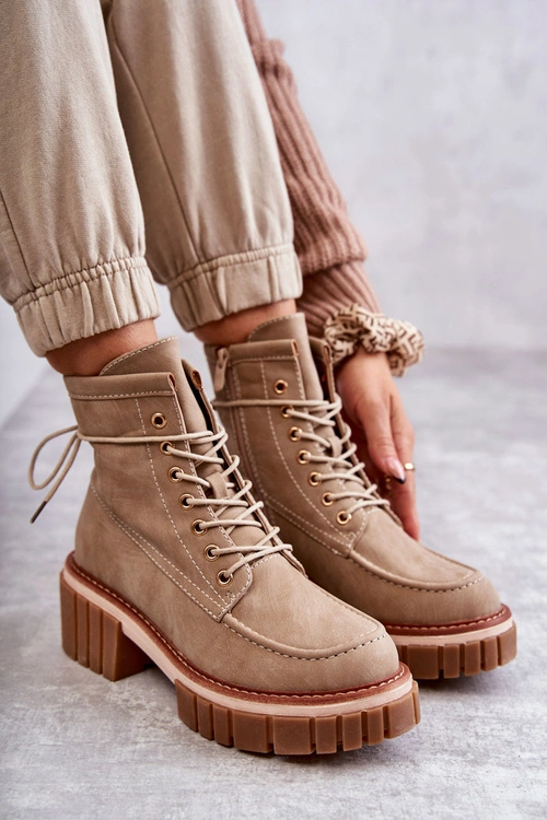 Damskie Modne Botki Ocieplane Beżowe Gerda