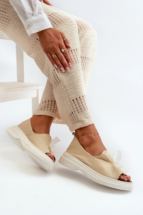 Zazoo 2939 Skórzane Sandały Damskie Z Kokardką Jasnobeżowe