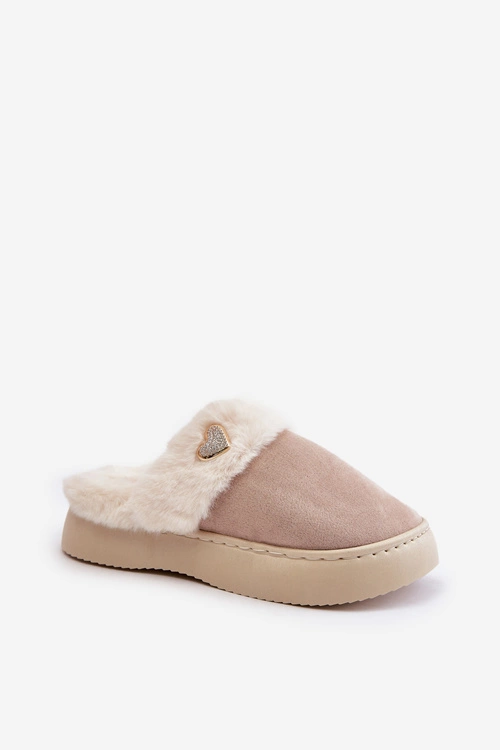 Kapcie Damskie Z Futerkiem I Ozdobnym Sercem Beżowe Otielo