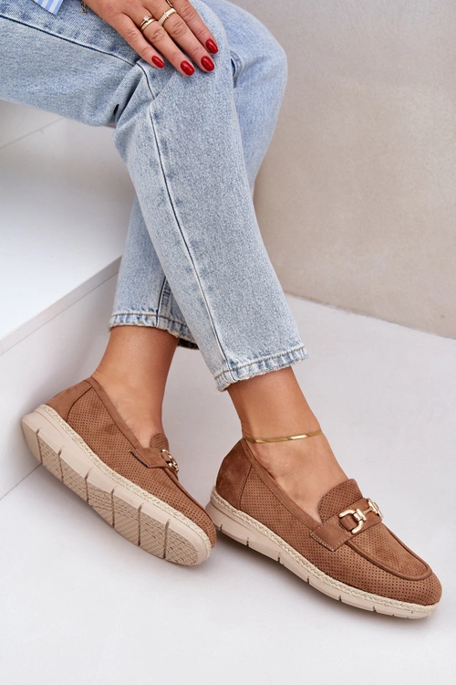 Ażurowe Mokasyny Ze Złotym Detalem I Jutową Plecionką Brązowe Lainer