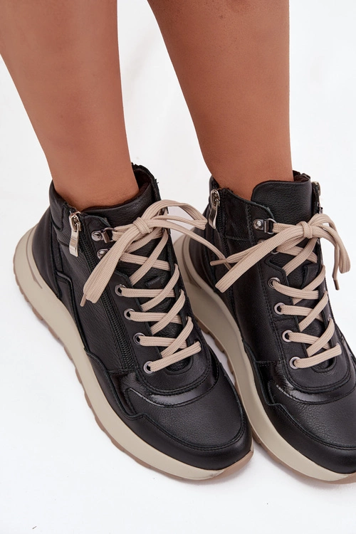 Botki Sportowe Damskie Na Platformie Z Naturalnej Skóry Zazoo Z1239 Czarne