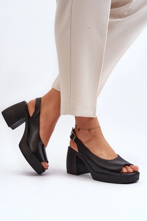 Zazoo 40376 Skórzane Sandały Na Masywnym Obcasie Czarne