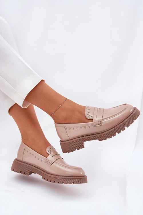 Mokasyny Damskie Lakierowane Ze Zdobieniem Beżowe Nallae