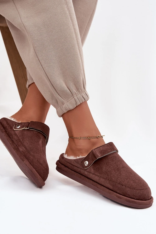 Kapcie Damskie Z Paskiem Ocieplane Futerkiem Czekoladowe Rilena