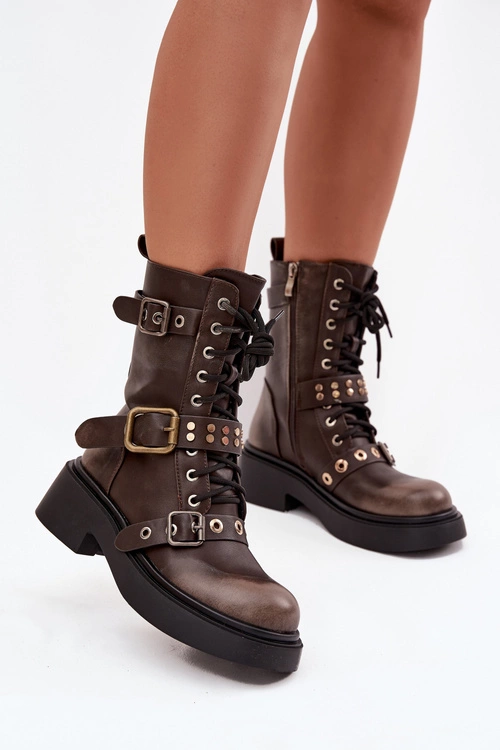 Ocieplane Botki Workery Damskie Z Klamrami Brązowe Marisse