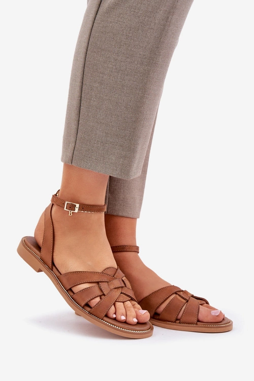 Skórzane Sandały Damskie Na Płaskim Obcasie Zazoo 3688 Camel