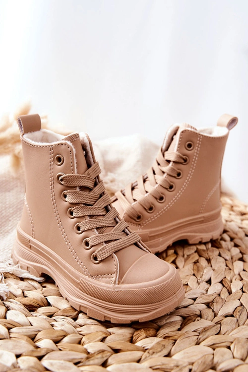 Dziecięce Skórzane Ocieplane Trampki Beżowe Bomi