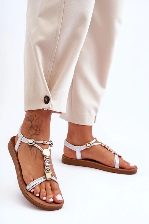 Damskie Sandały z Ozdobami Srebrne Kushi