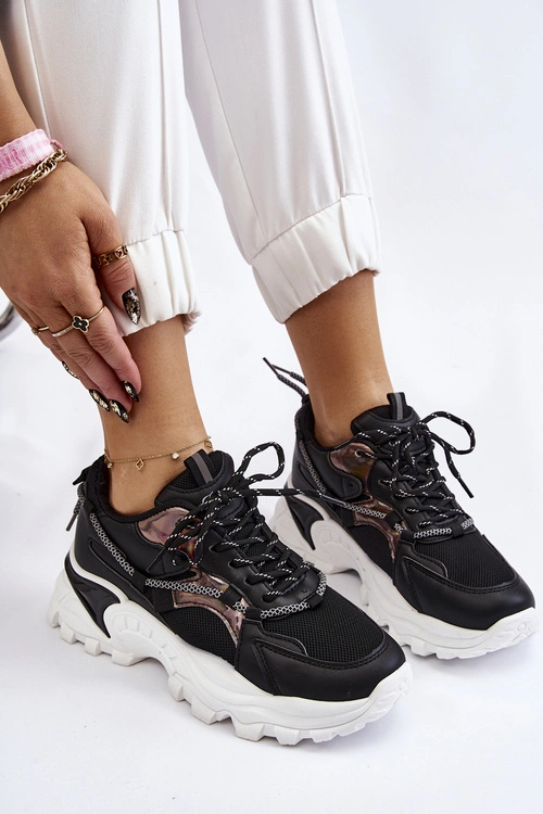 Damskie Buty Sportowe Sznurowane Na Platformie Czarne Minea