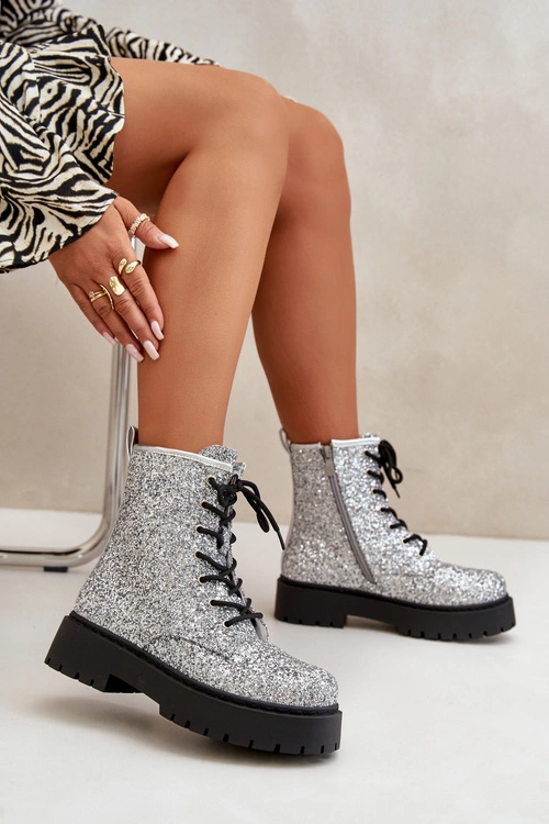 Ocieplane Botki Workery Damskie Ozdobione Cekinami Srebrne Liatheine