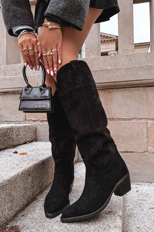 Kozaki Kowbojki Damskie Na Obcasie Z Eko Zamszu Czarne Esmira