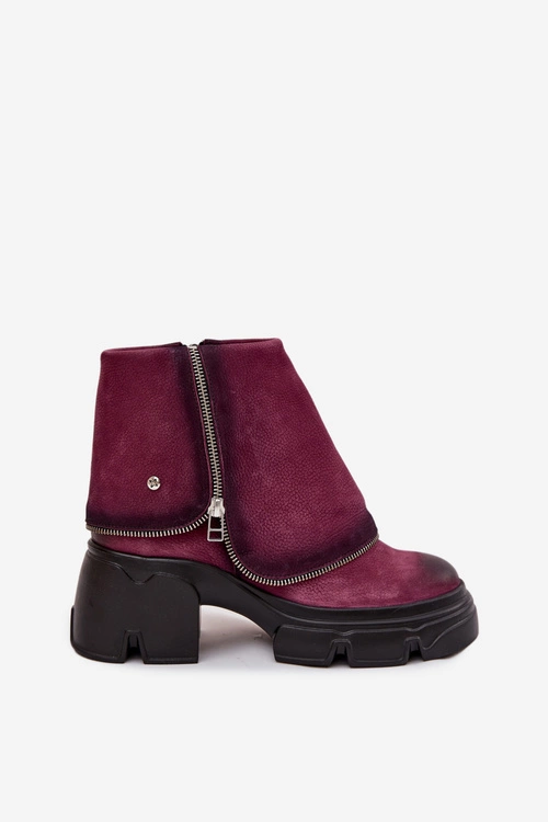 Skórzane Botki Damskie Z Wywiniętą Cholewką Maciejka 07145-23 Bordowe