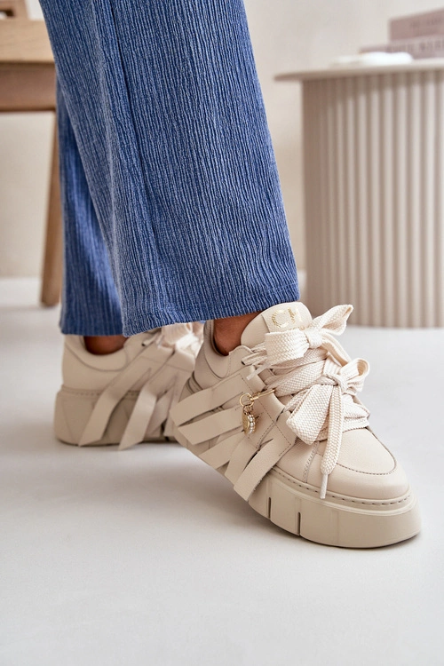 Sneakersy Skórzane Damskie Na Platformie Beżowe CheBello 4568