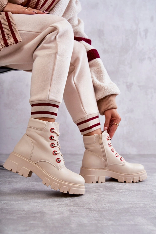 Skórzane Botki Workery Na Suwak Beżowe Messa