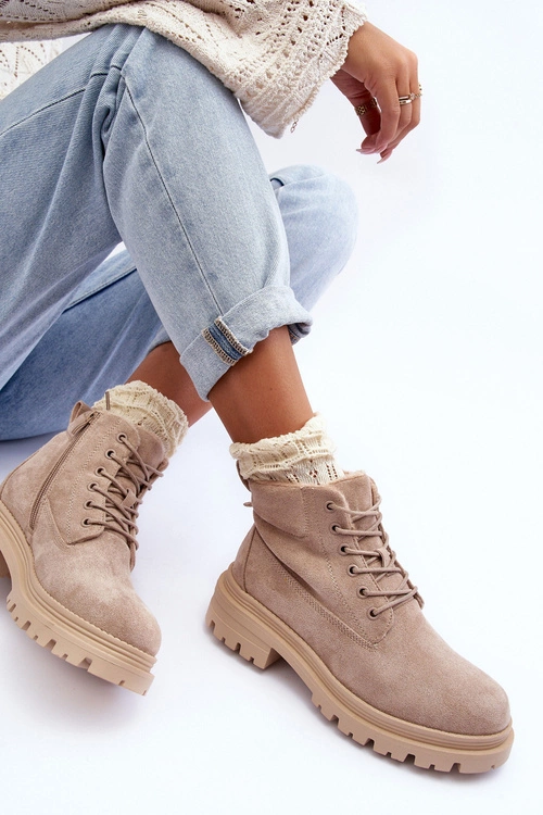 Zamszowe Trapery Botki Ocieplane Beżowe Alden