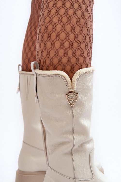 Damskie Skórzane Kozaki Z Wełną Kremowe Bayla