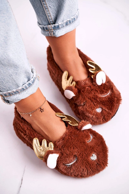 Świąteczne Ocieplane Futrzane Papcie Brązowe Jingle Bells