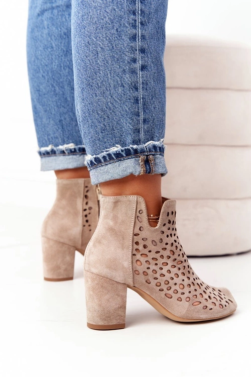 Ażurowe Skórzane Botki Na Słupku Exquisite 1184 Beżowe