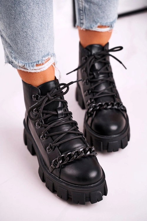 Damskie Botki Workery Na Platformie Czarne Chain