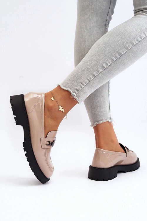 Mokasyny Lakierowane Damskie Na Płaskim Obcasie Beżowe Ezoma