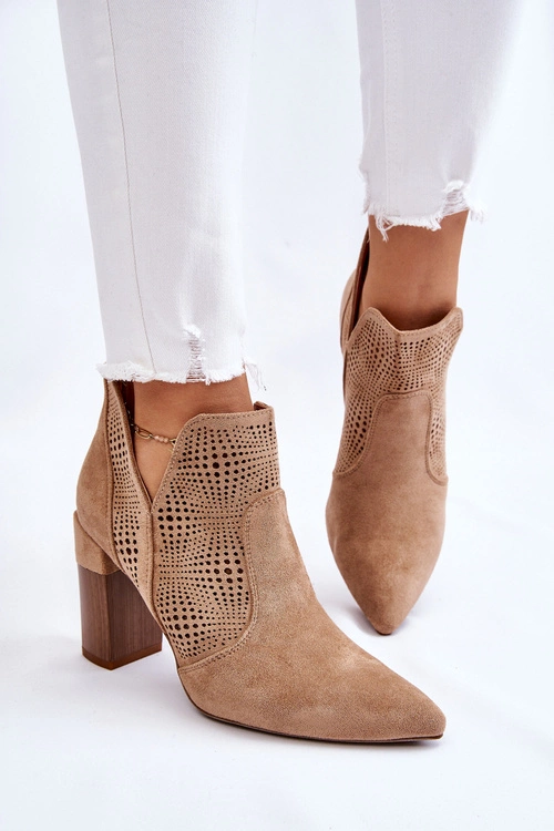 Ażurowe Zamszowe Botki Na Obcasie Beżowe Leanna