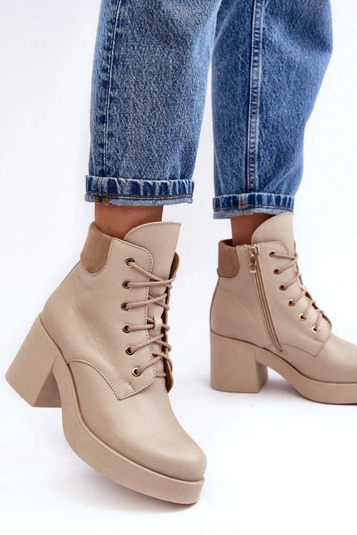 Skórzane Botki Damskie Na Słupku Beżowe Lemar Leocera