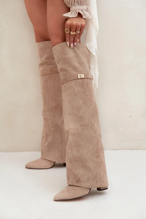 Ocieplane Kozaki Z Wywiniętą Cholewką Za Kolano Obcas Słupek Beżowe Serelle