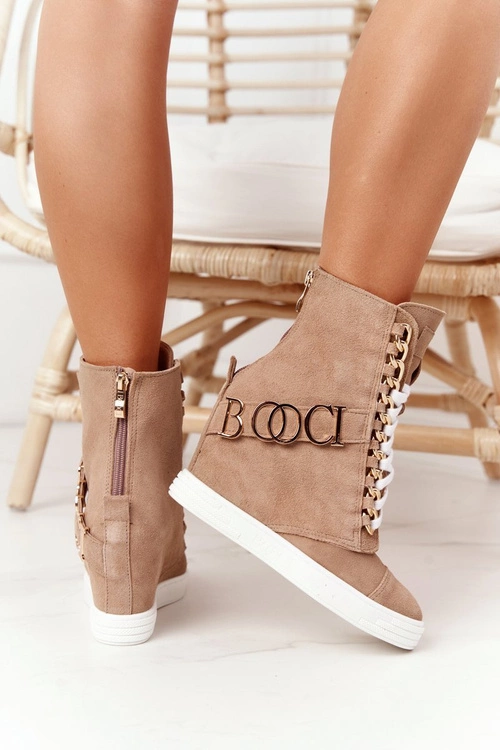 Damskie Zamszowe Sneakersy BOOCI Złote Litery Jasny Camel